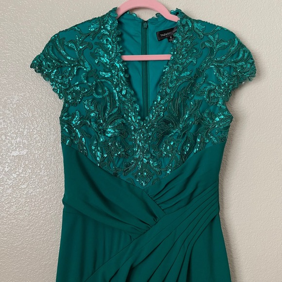Tadashi Shoji Dress Womens Size 6 Green Sequin Lace Draped Maxi Gown Formal - Picture 4 of 12
